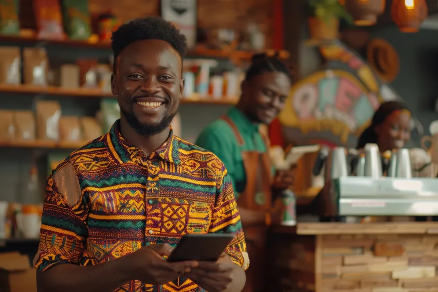 Smiling african entrepreneur cafe counter using digital tabl